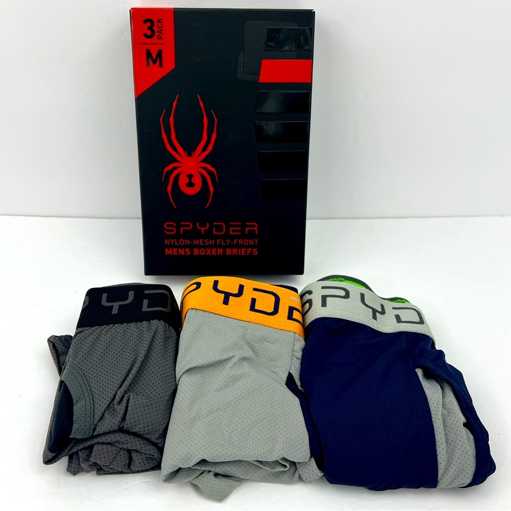 SPYDER MESH PERFORMANCE BOXER BRIEFS, 3 BRIEFS, 90% 10% SPANDEX, MEDIUM SIZE